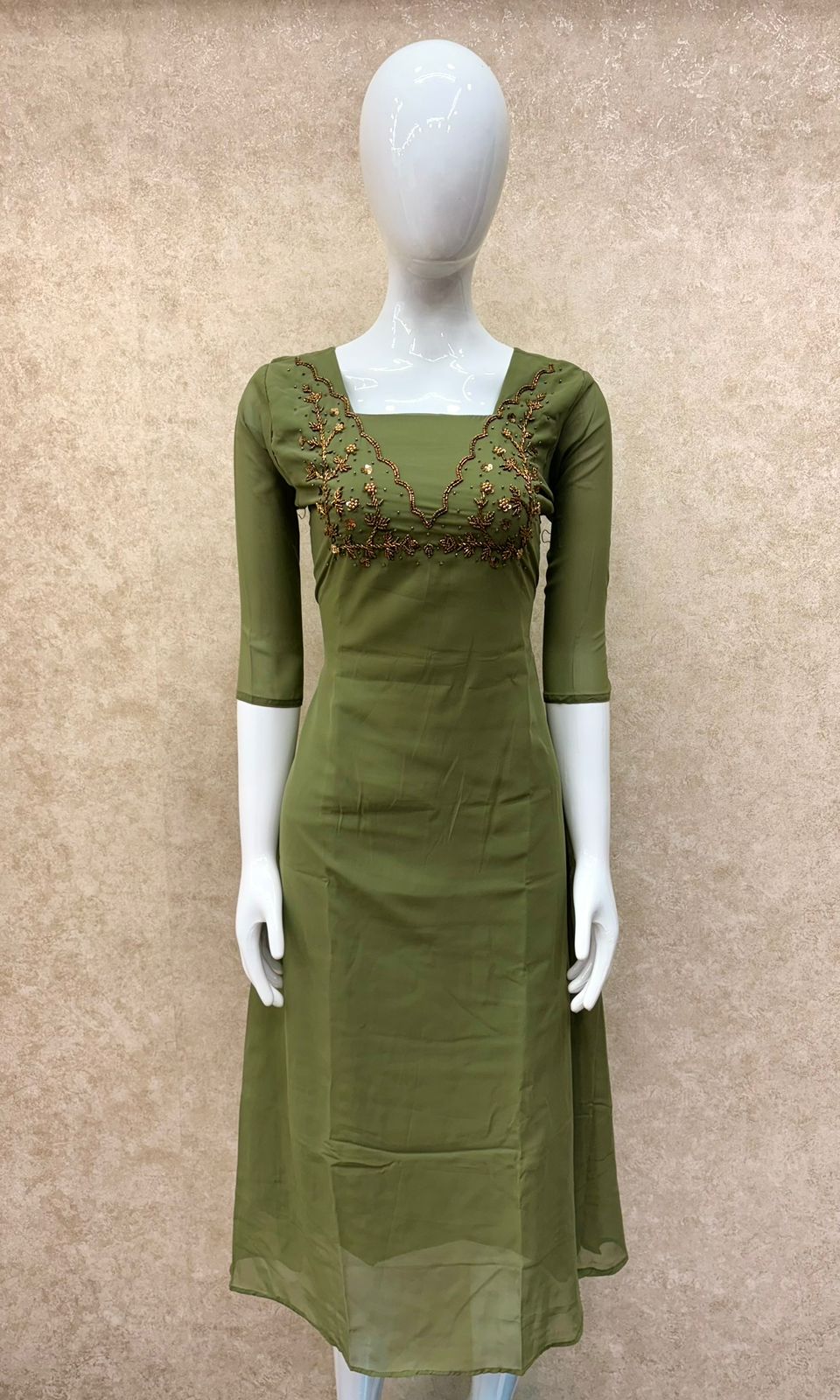 #TH181 / Pastel Georgette / Square Handwork Pattern / Parrot Green - Image 2