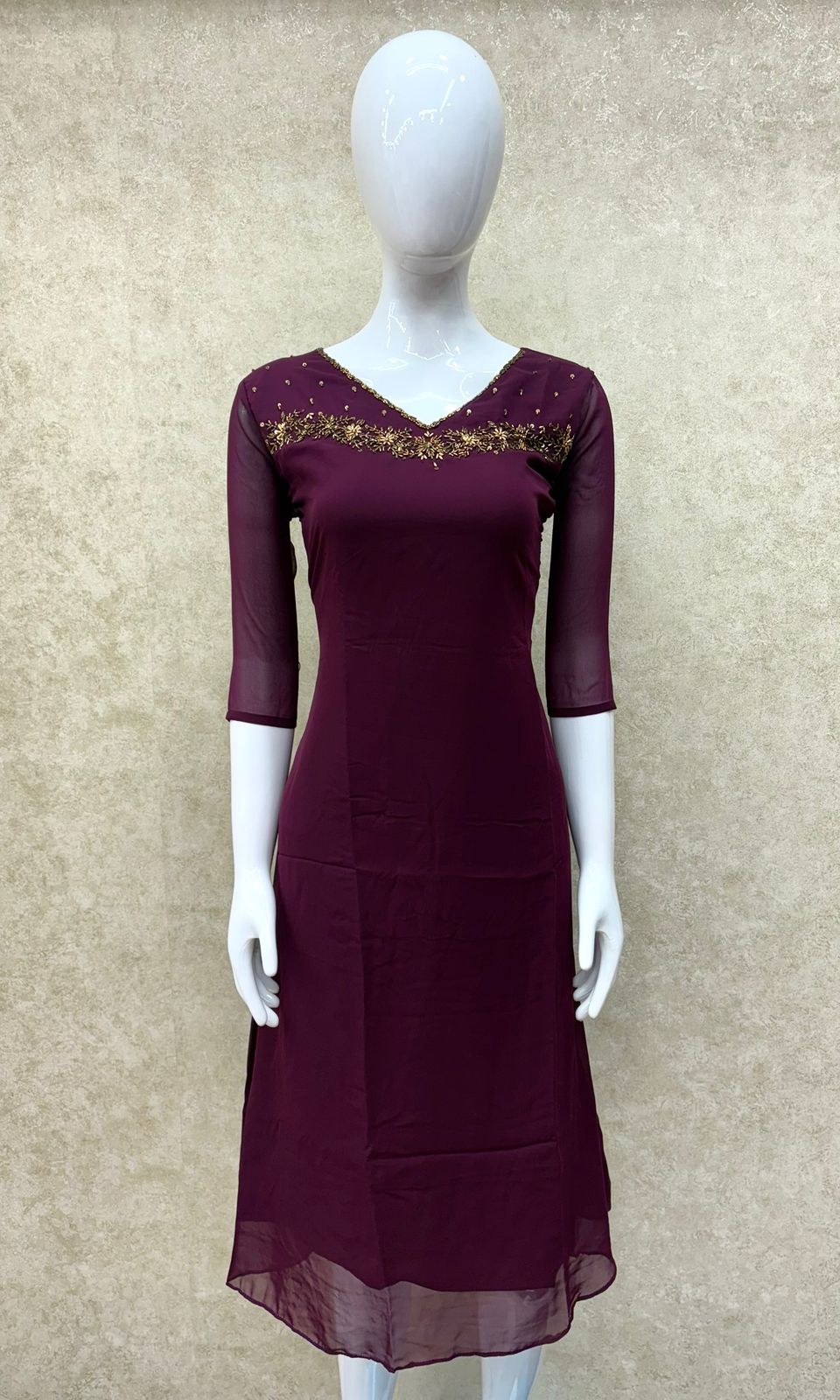 #TH182 / V-Neck / Floral Chest Handwork / Pleated / Wine - Image 2