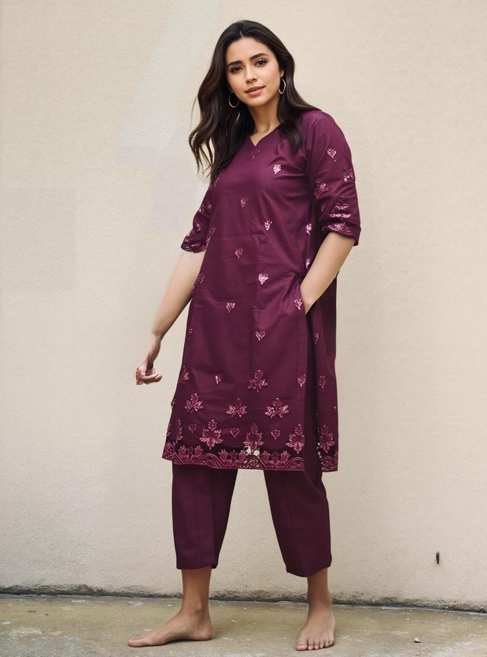 #TH180 / Netted kurti & Pant Set / Wine
