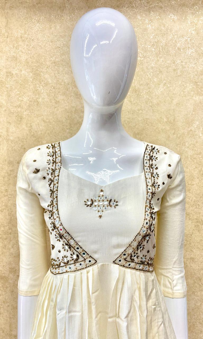 #TH156 / Vichitra Silk / Alia-cut / Heavy Mirror work / Ivory