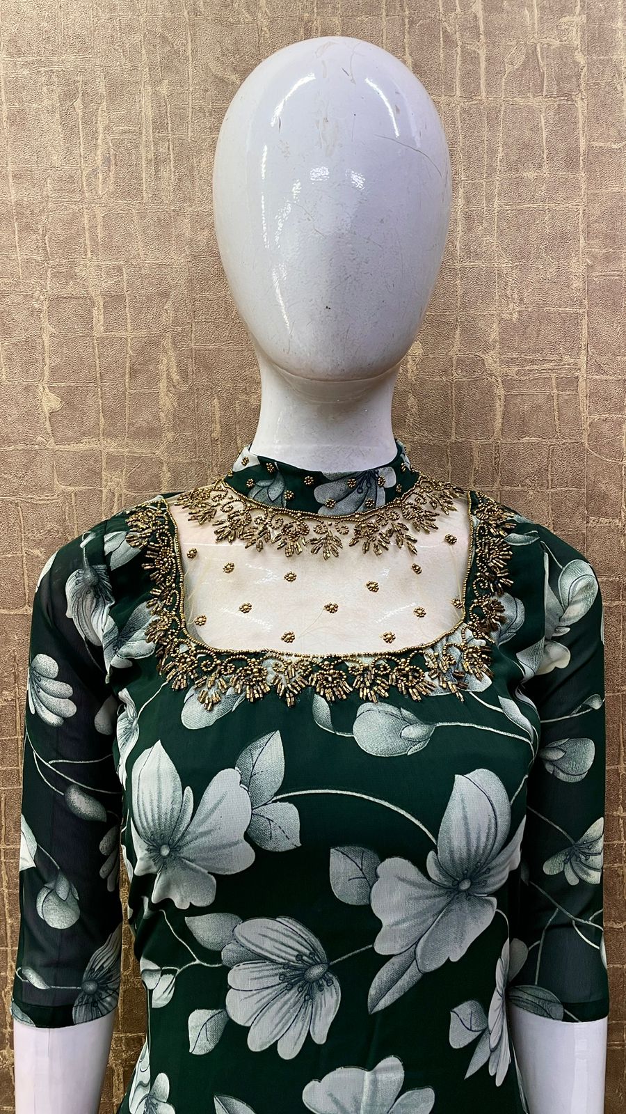 #TH109 / Printed Jewel Neck Kurti / Dark Green