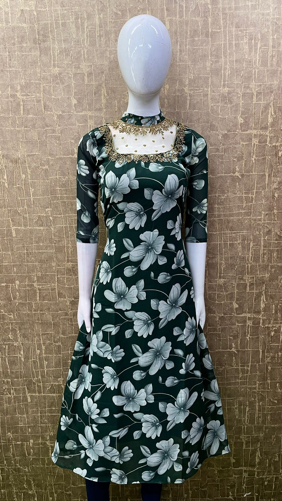 #TH109 / Printed Jewel Neck Kurti / Dark Green - Image 2