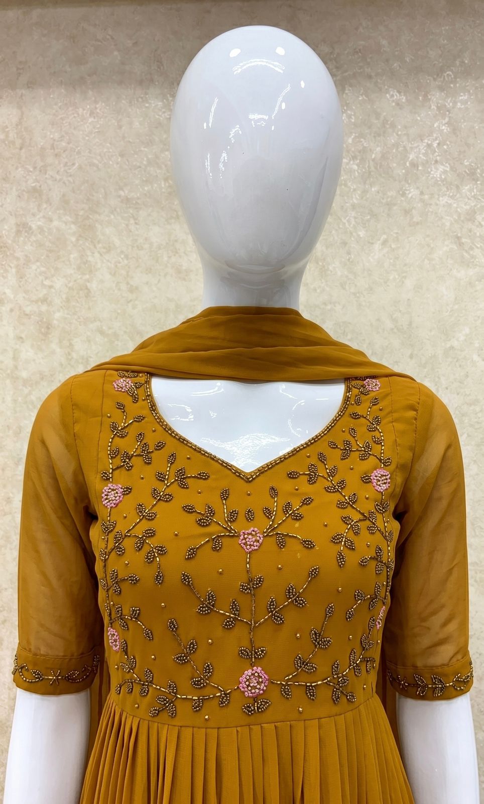 #TH197 / Long Top Dupatta Set / Pleated / Elbow sleeves / All Over Handwork03 / Yellow