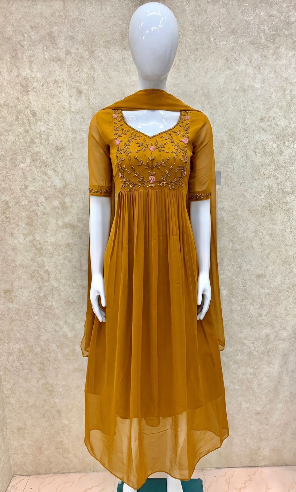 #TH197 / Long Top Dupatta Set / Pleated / Elbow sleeves / All Over Handwork03 / Yellow - Image 2