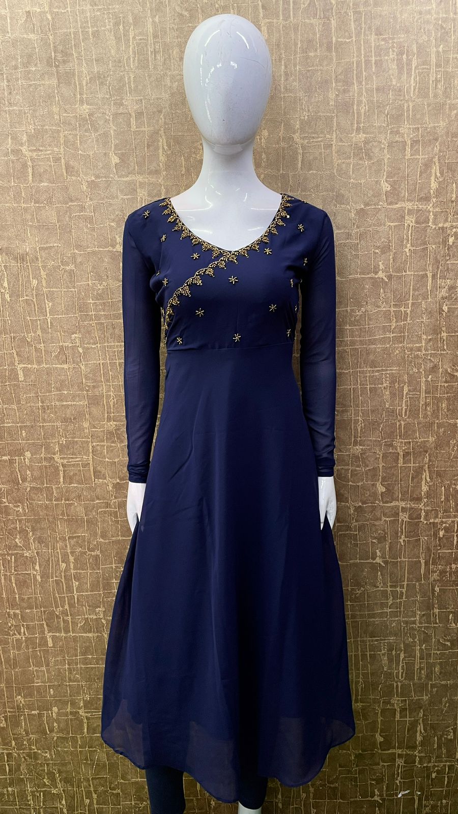 #TH96 / Handwork Flared Kurti / Full Churi sleeves / Navy Blue - Image 2