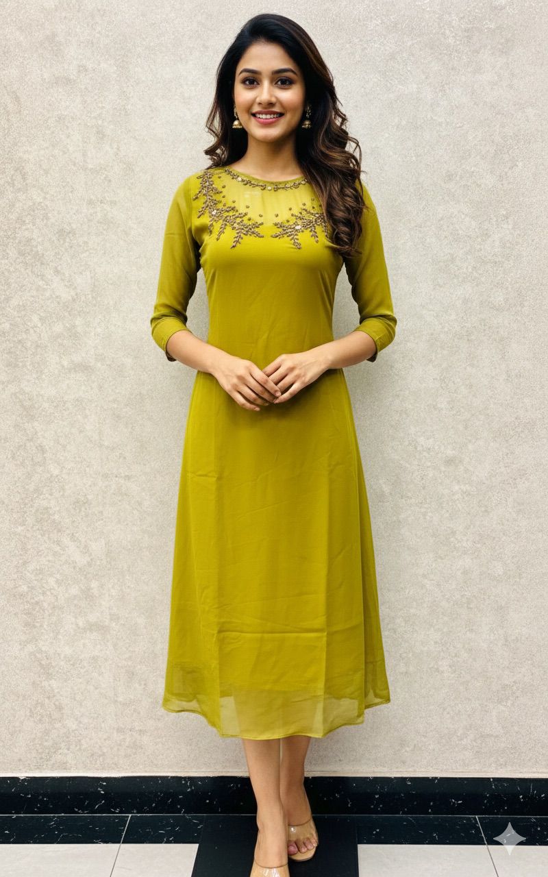 #TH92 / Translucent Jewel Neck / Handwork kurti / Mehndi Green - Image 2