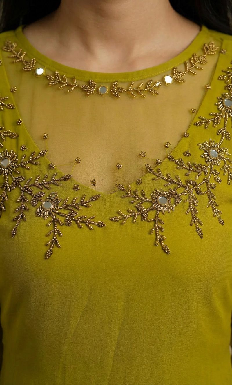#TH92 / Translucent Jewel Neck / Handwork kurti / Mehndi Green