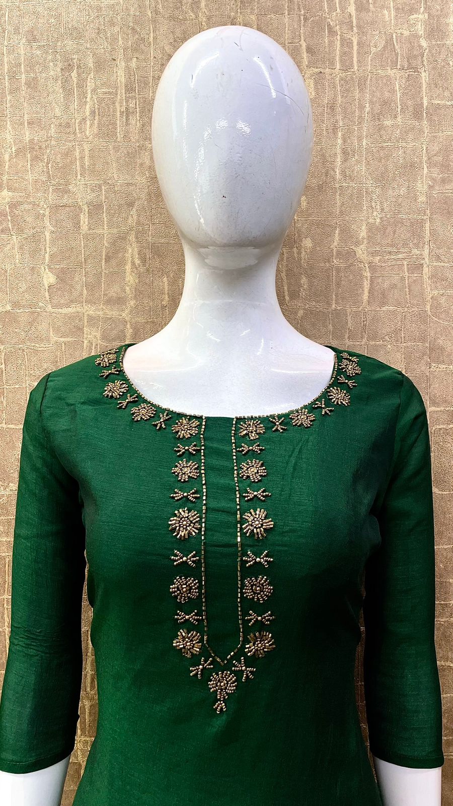 #TH78 / Vichitra Silk Fabric / Kurta Handwork / A-line Kurti / Dark Green — Full Size Set