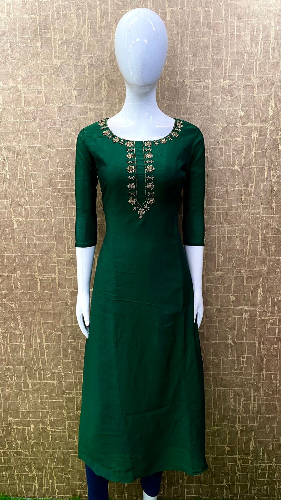 #TH78 / Vichitra Silk Fabric / Kurta Handwork / A-line Kurti / Dark Green — Full Size Set - Image 2