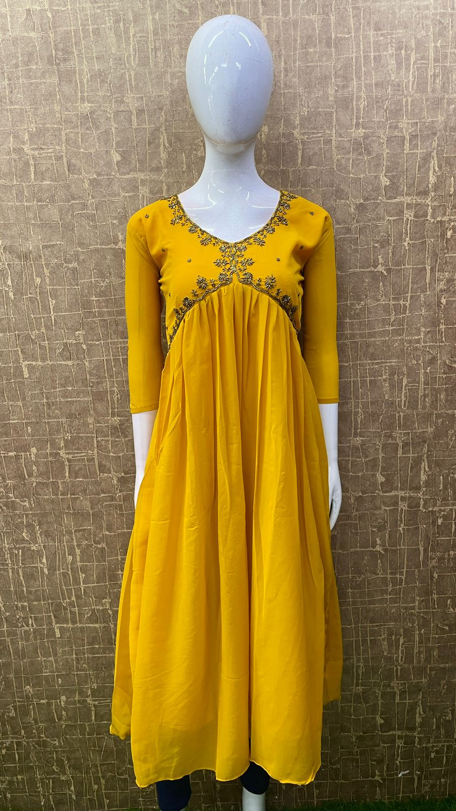 #TH67/ Heavy Floral Handwork / Alia cut kurti / Yellow - Image 2