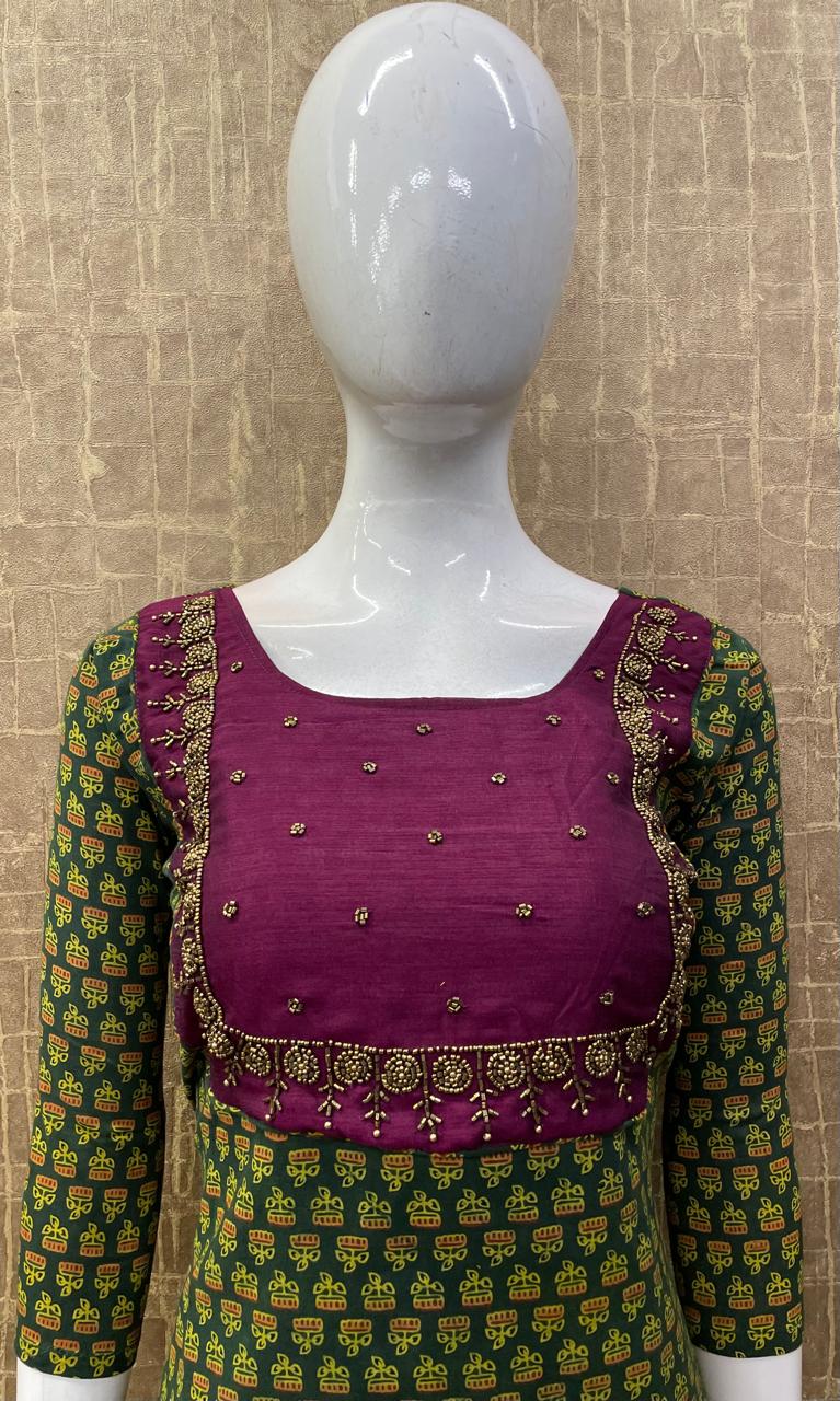 #TH63 / Ajrak Cotton / Vichitra Patchwork / Slitted kurti / Dark Green