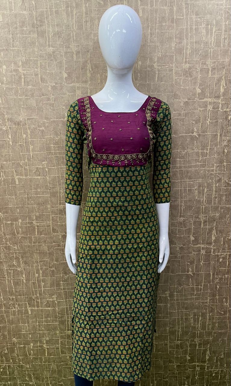 #TH63 / Ajrak Cotton / Vichitra Patchwork / Slitted kurti / Dark Green - Image 2