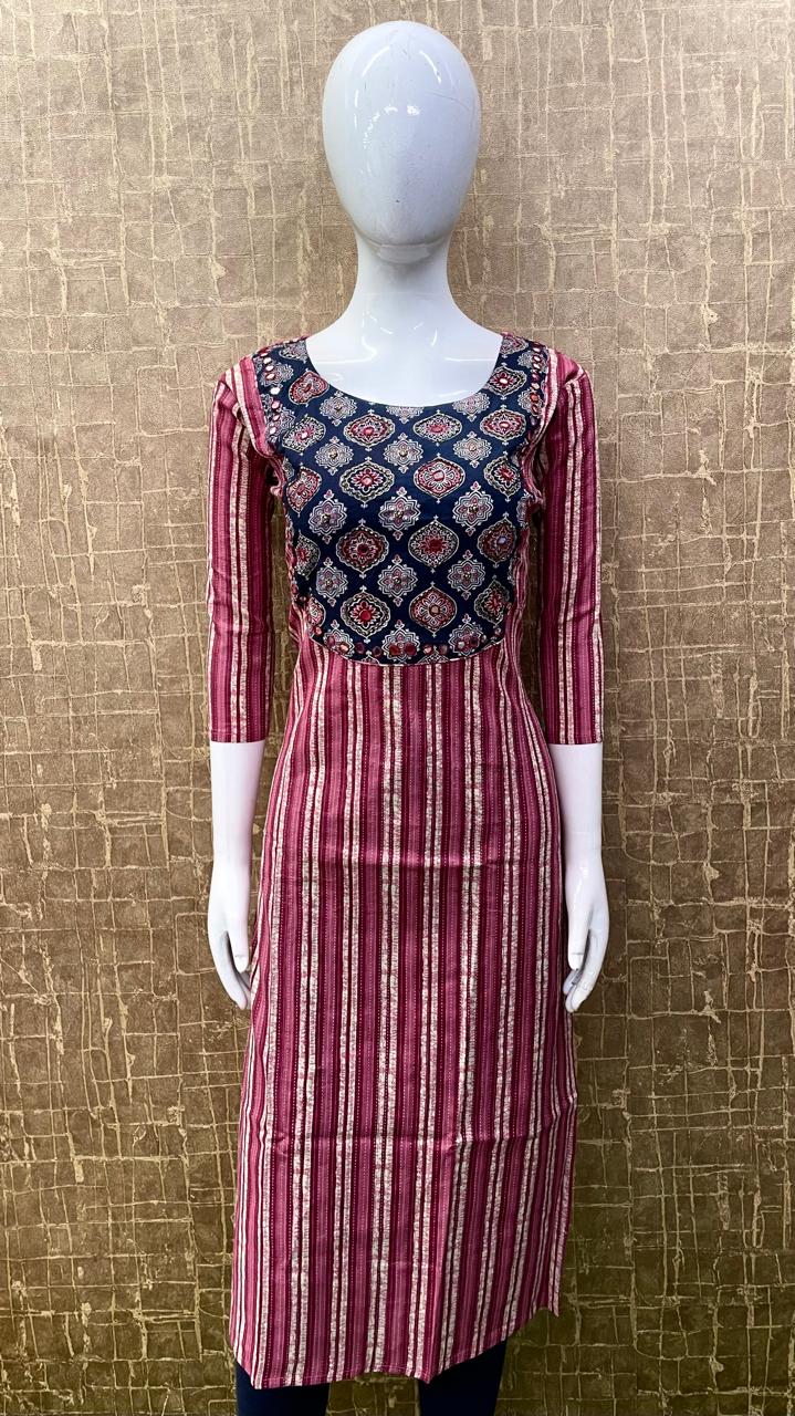 #TH61 / Ajrak Cotton Patchwork / Slitted Kurti / Pink - Image 2