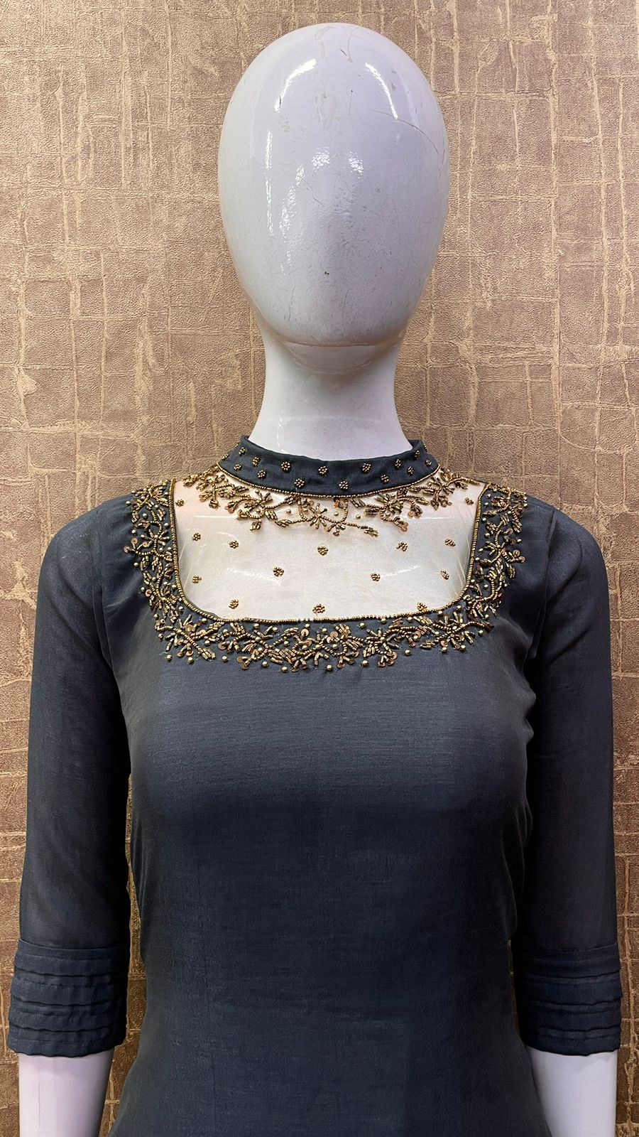 #TH57 / Vichitra Silk / Jewel Neck / Heavy Handwork kurti / Grey
