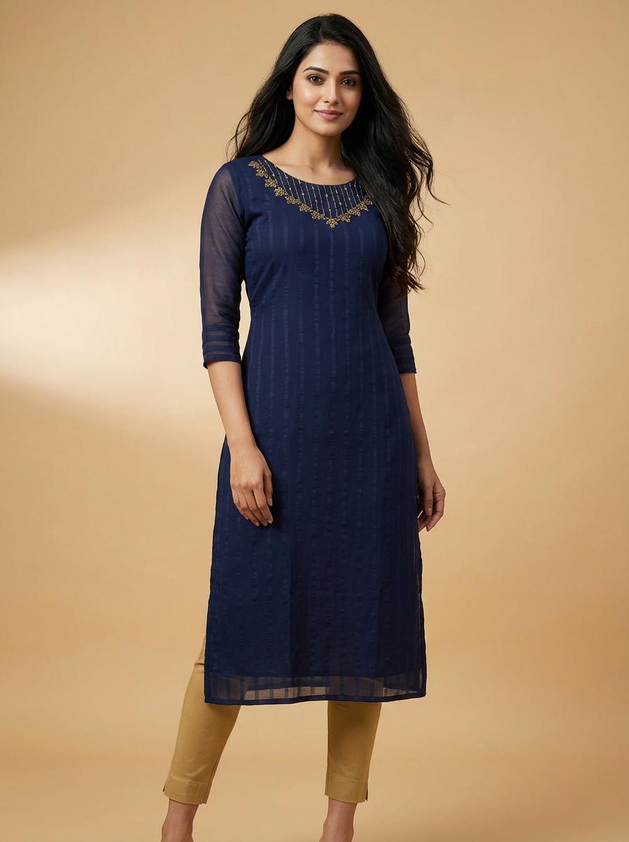 #TH73 / Striped Pattern Georgette / Slitted / Handwork / Navy Blue — Full Size Set - Image 2
