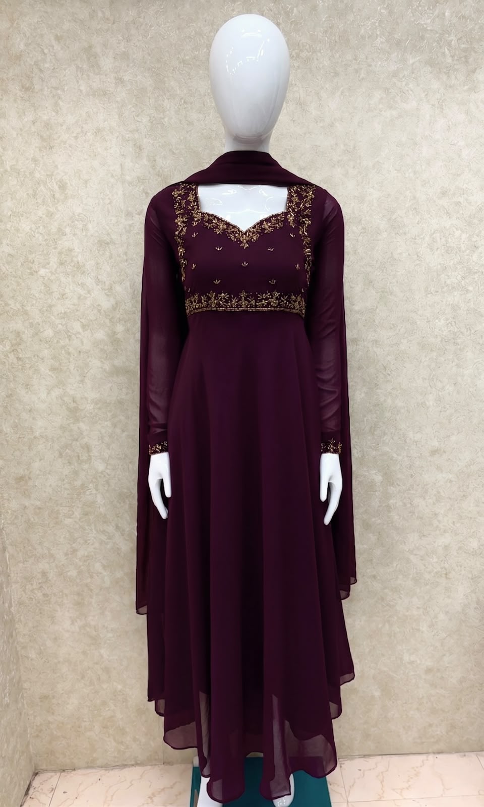 #TH219 /Georgette/Long Top Dupatta Set/Full Length/Full sleeves / Dark Wine - Image 2