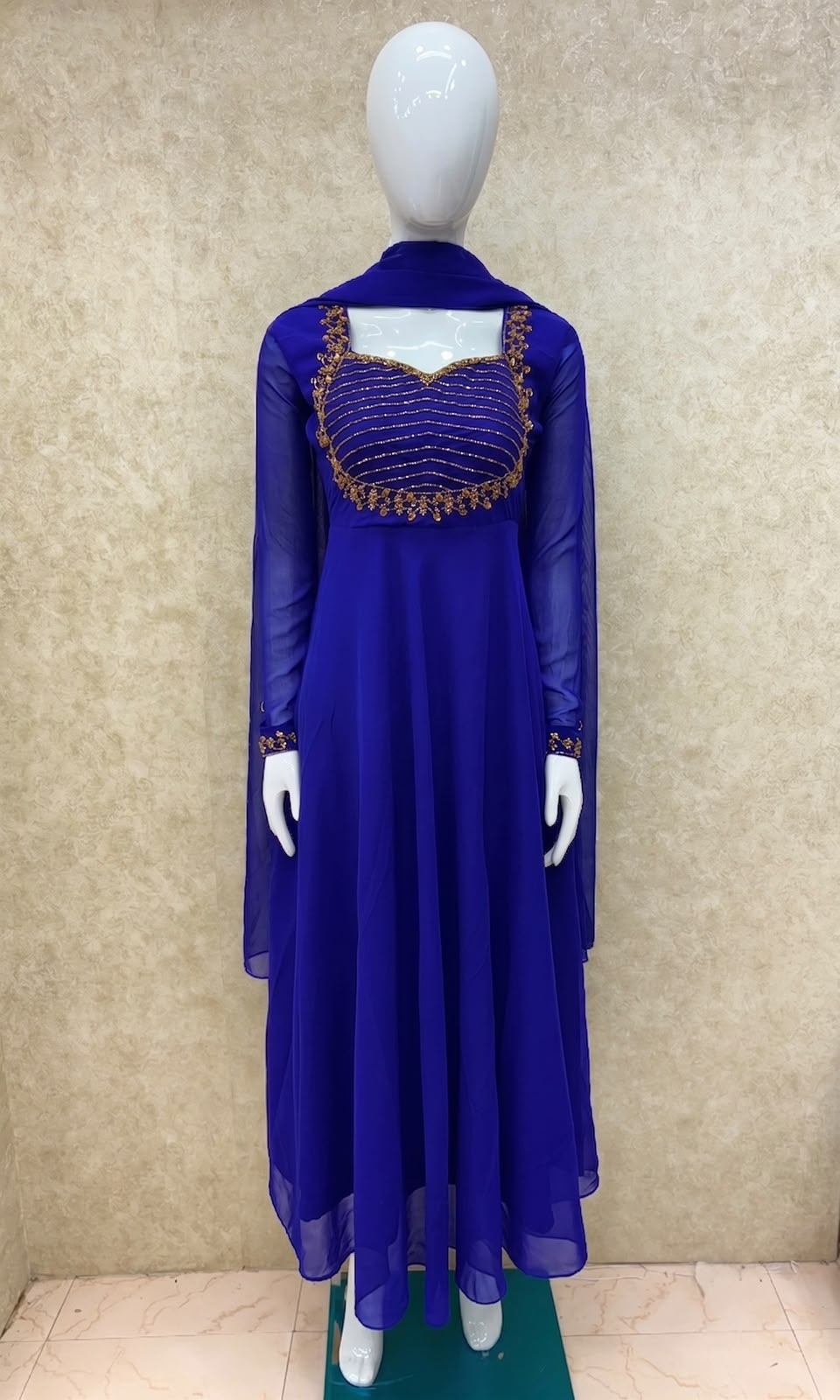 #TH225 / Georgette / Long Top Dupatta Set / Full Length / Full sleeves / Royal Blue - Image 2