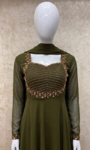 #TH225 / Georgette / Long Top Dupatta Set / Full Length / Full sleeves / Mehendi Green
