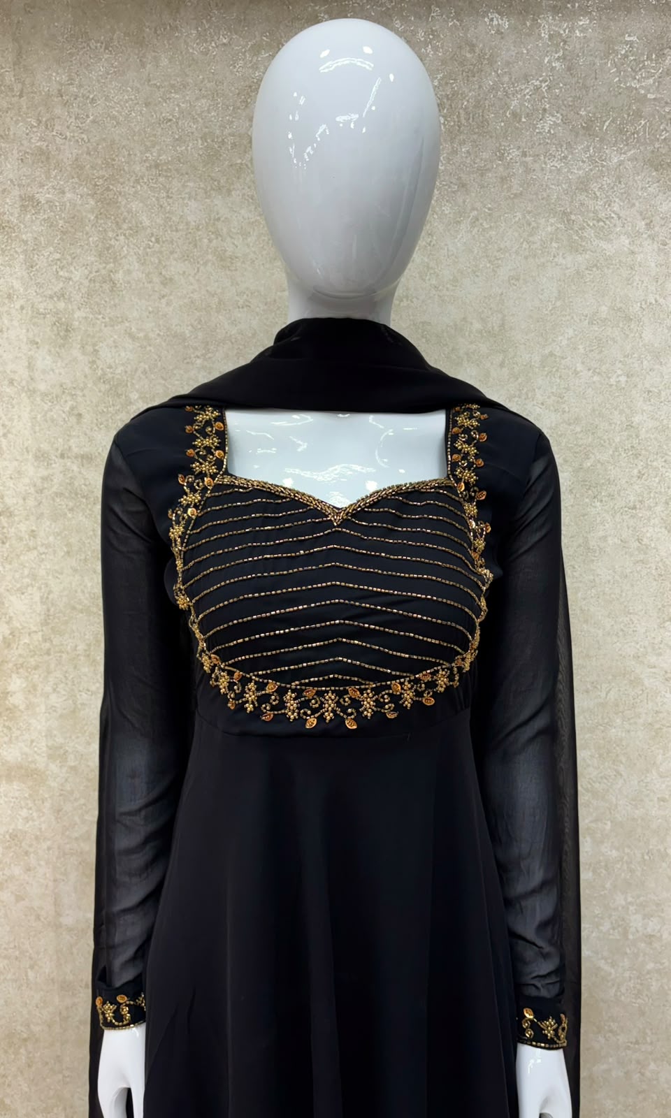 #TH225 / Georgette / Long Top Dupatta Set / Full Length / Full sleeves / Jet Black