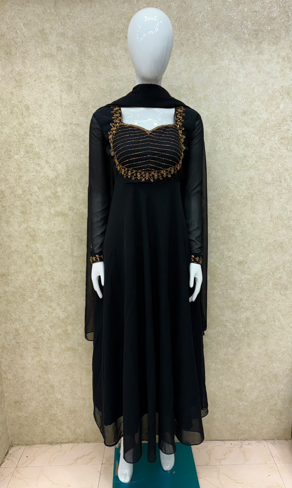 #TH225 / Georgette / Long Top Dupatta Set / Full Length / Full sleeves / Jet Black - Image 2