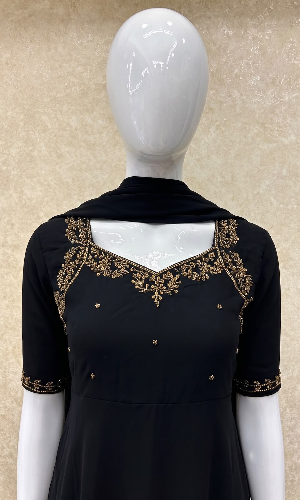 #TH226 / Georgette / Long Top Dupatta Set / Full Length / Elbow-Sleeves / Jet Black