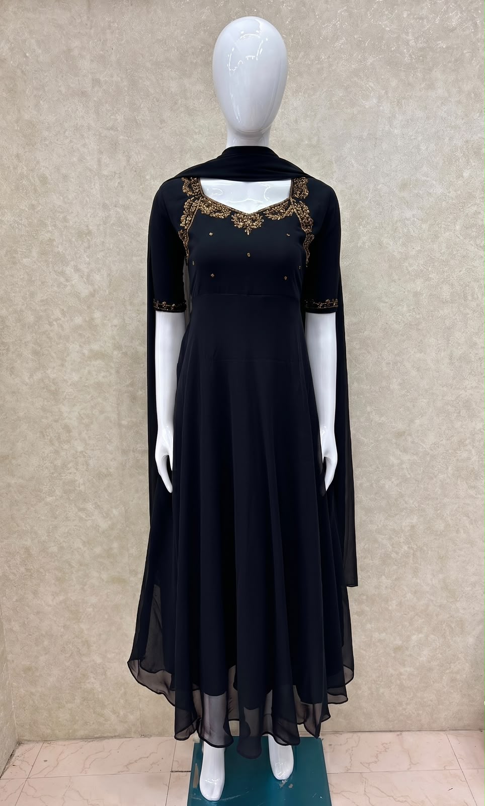 #TH226 / Georgette / Long Top Dupatta Set / Full Length / Elbow-Sleeves / Jet Black - Image 2