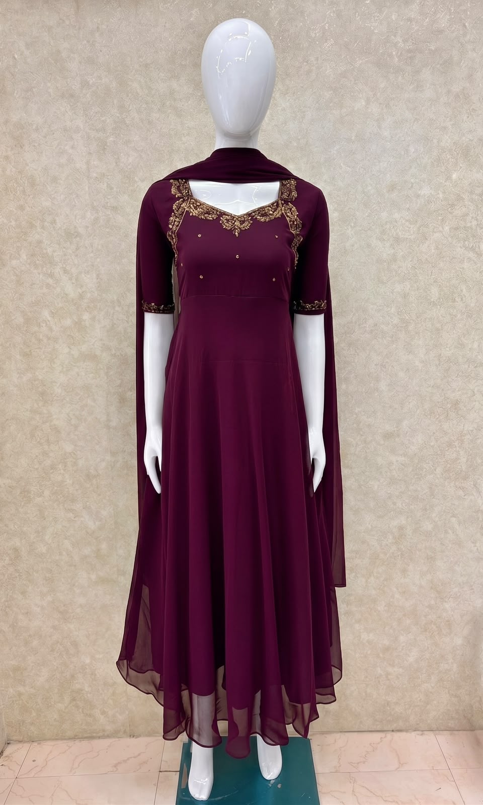 #TH226 / Georgette / Long Top Dupatta Set / Full Length / Elbow-Sleeves / Dark Wine - Image 2