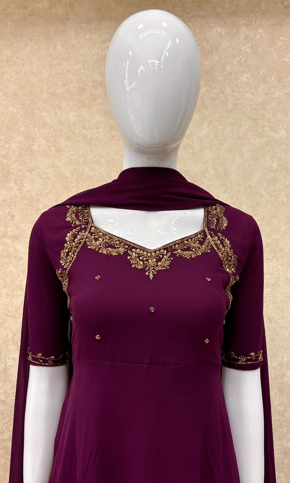 #TH226 / Georgette / Long Top Dupatta Set / Full Length / Elbow-Sleeves / Dark Wine