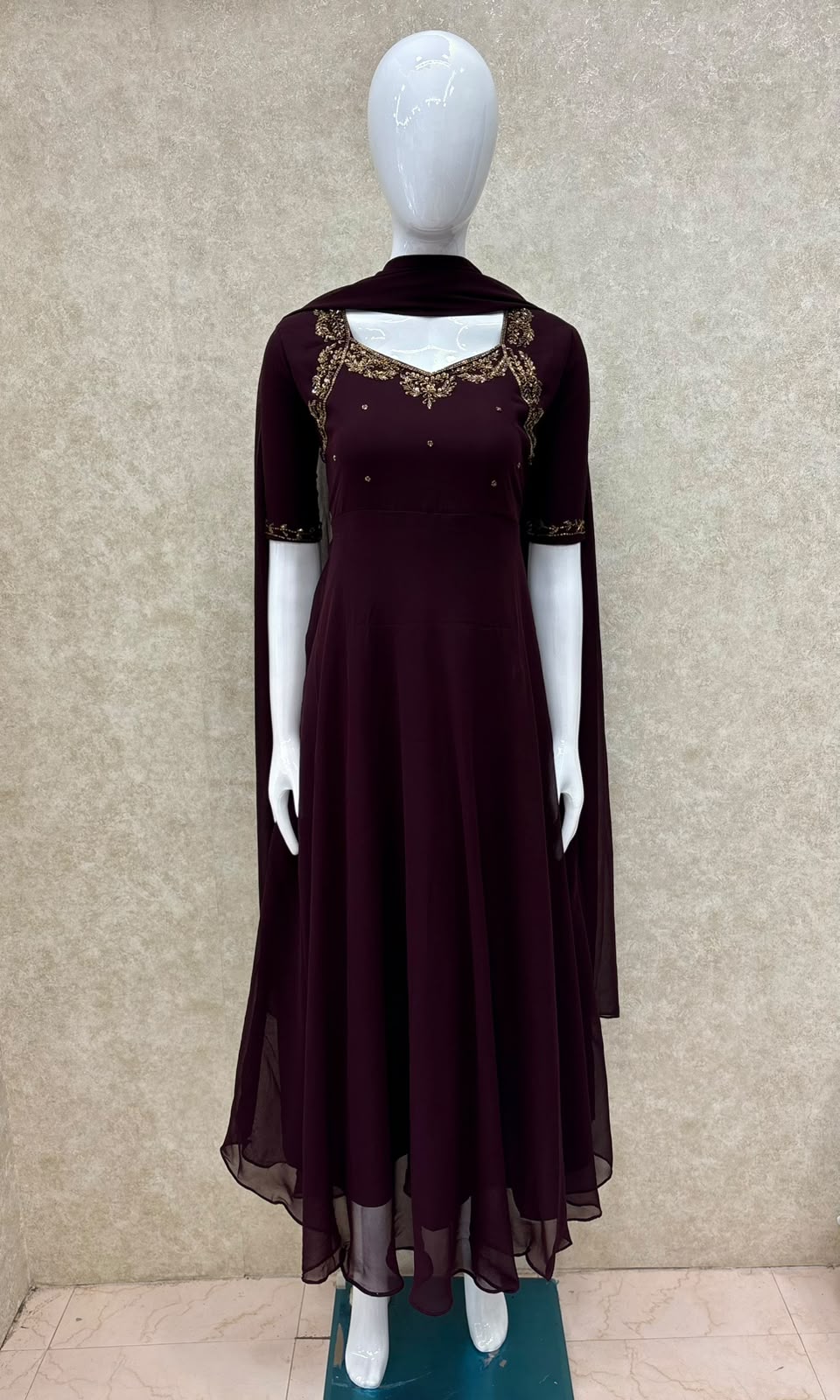 #TH226 / Georgette / Long Top Dupatta Set / Full Length / Elbow-Sleeves / Coffee Brown - Image 2