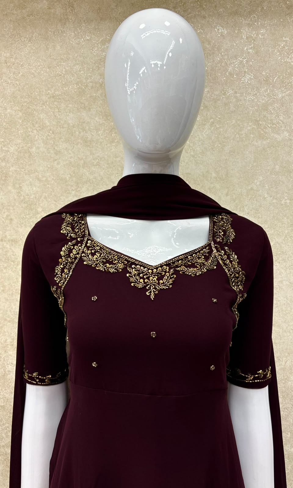 #TH226 / Georgette / Long Top Dupatta Set / Full Length / Elbow-Sleeves / Coffee Brown
