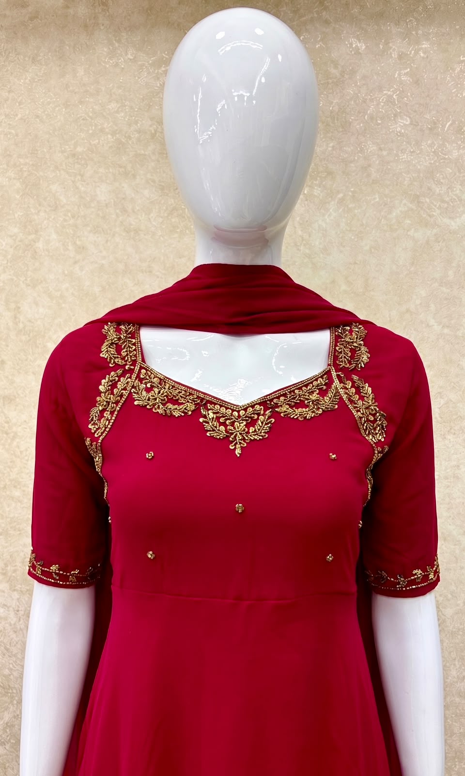 #TH226 / Georgette / Long Top Dupatta Set / Full Length / Elbow-Sleeves / Red
