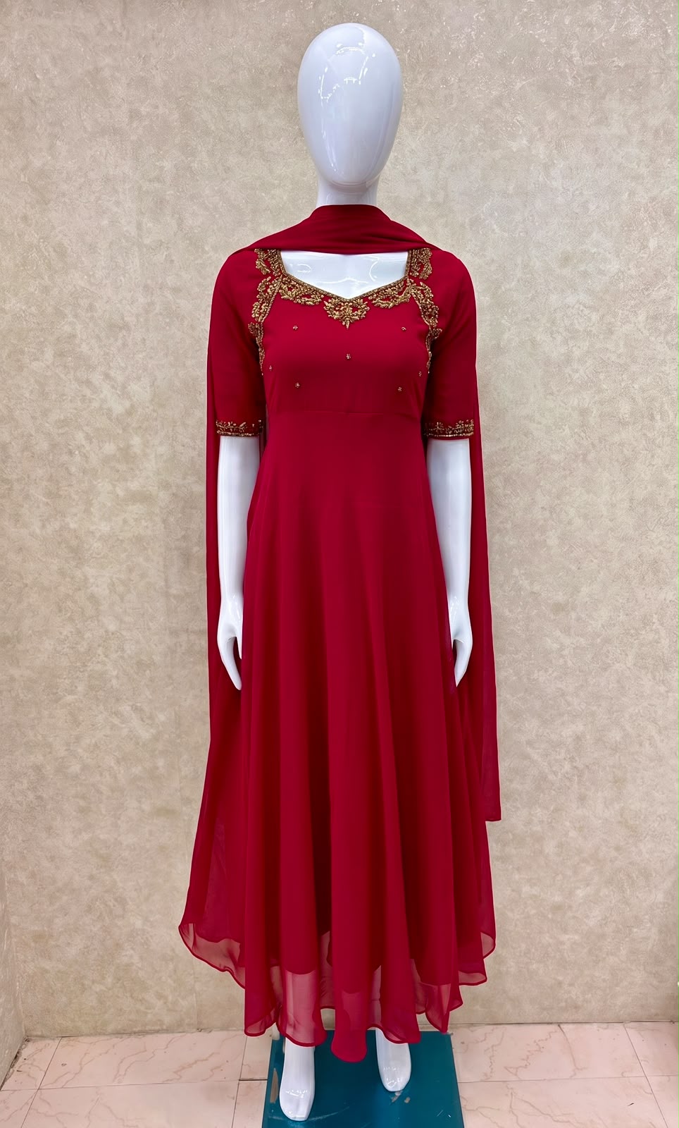 #TH226 / Georgette / Long Top Dupatta Set / Full Length / Elbow-Sleeves / Red - Image 2