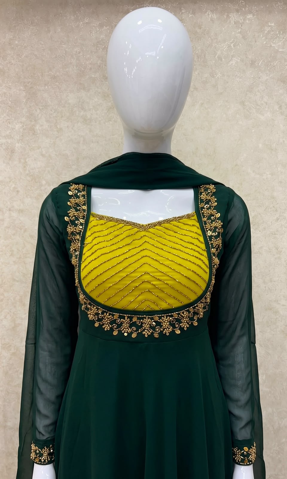 #TH227 / Georgette / Long Top Dupatta Set / Full Length / Full sleeves / Dark Green