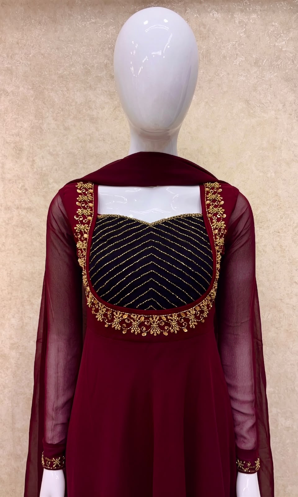 #TH227 / Georgette / Long Top Dupatta Set / Full Length / Full sleeves / Maroon