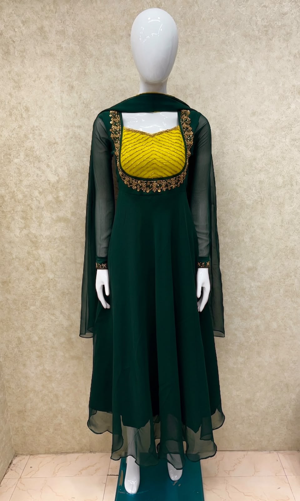 #TH227 / Georgette / Long Top Dupatta Set / Full Length / Full sleeves / Dark Green - Image 2