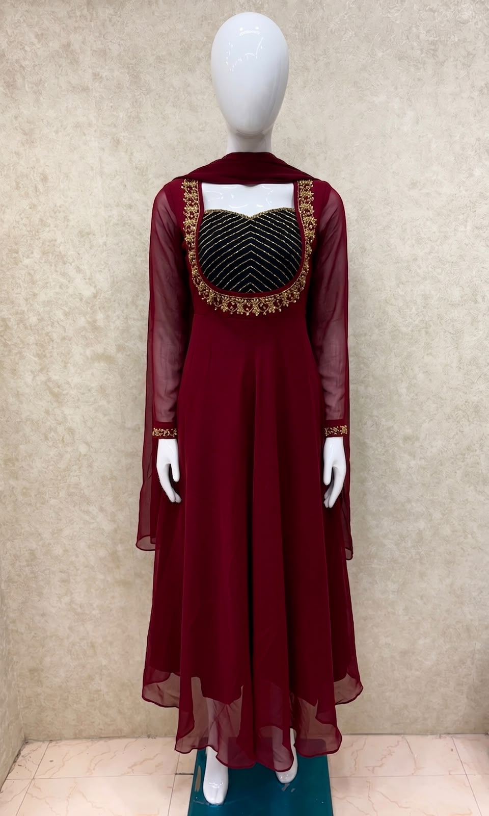 #TH227 / Georgette / Long Top Dupatta Set / Full Length / Full sleeves / Maroon - Image 2