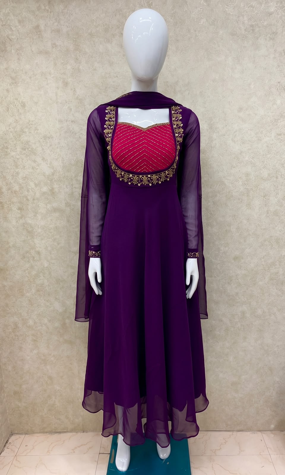 #TH227 / Georgette / Long Top Dupatta Set / Full Length / Full sleeves / Dark Purple - Image 2