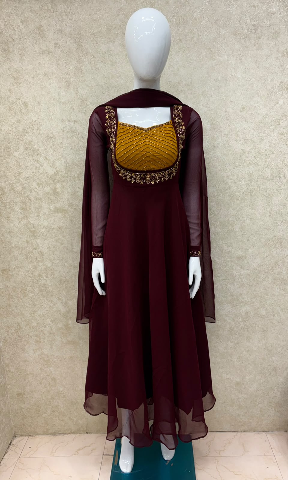 #TH227 / Georgette / Long Top Dupatta Set / Full Length / Full sleeves / Dark Maroon - Image 2