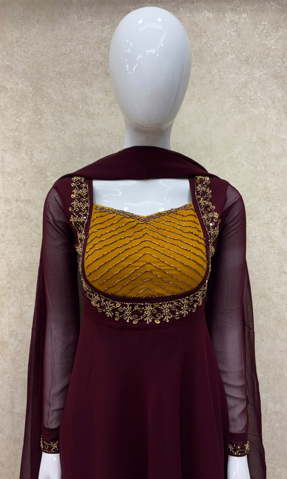 #TH227 / Georgette / Long Top Dupatta Set / Full Length / Full sleeves / Dark Maroon