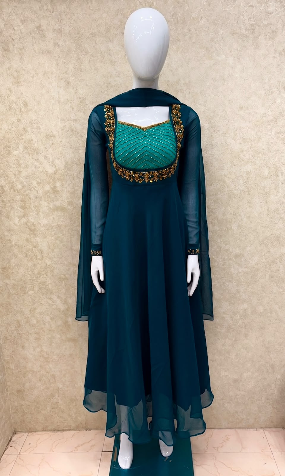 #TH227 / Georgette / Long Top Dupatta Set / Full Length / Full sleeves / Teal Blue - Image 2