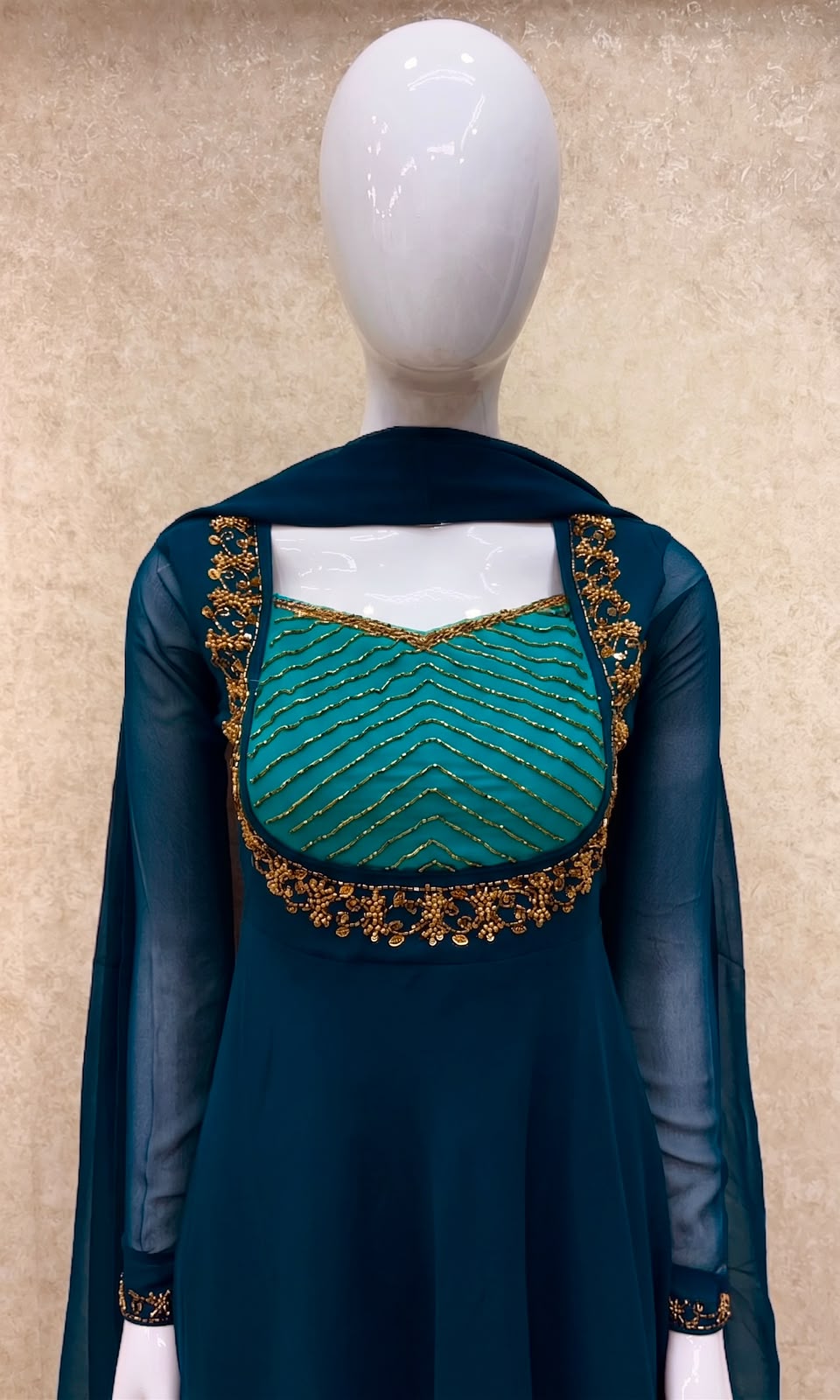 #TH227 / Georgette / Long Top Dupatta Set / Full Length / Full sleeves / Teal Blue