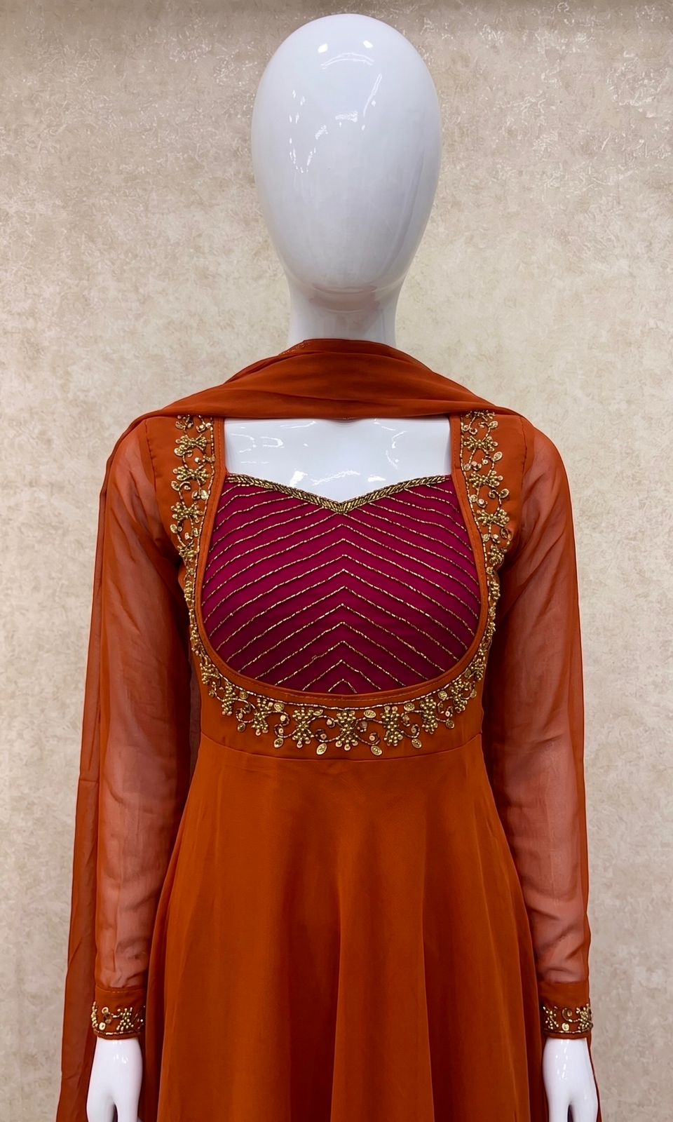 #TH227 / Georgette / Long Top Dupatta Set / Full Length / Full sleeves / Orange
