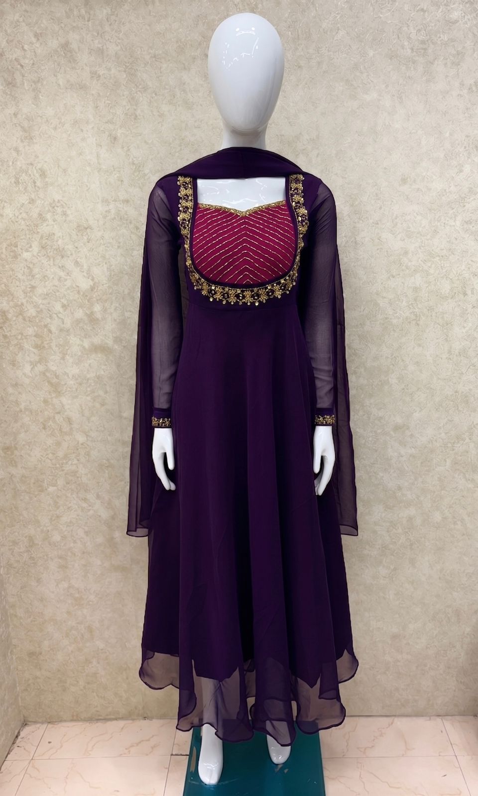 #TH227 / Georgette / Long Top Dupatta Set / Full Length / Full sleeves / Dark Violet - Image 2