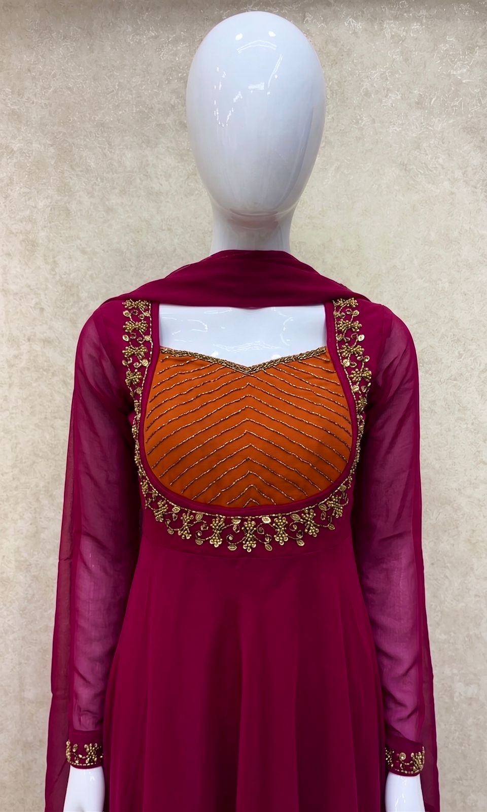 #TH227 / Georgette / Long Top Dupatta Set / Full Length / Full sleeves / Dark Pink