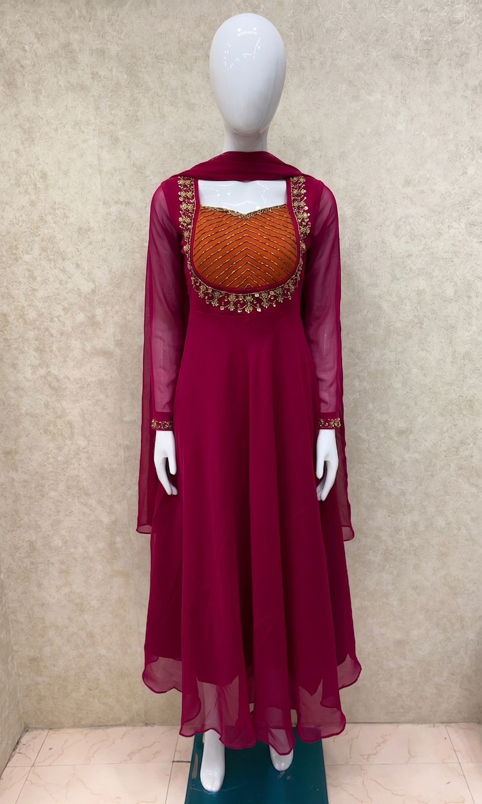 #TH227 / Georgette / Long Top Dupatta Set / Full Length / Full sleeves / Dark Pink - Image 2