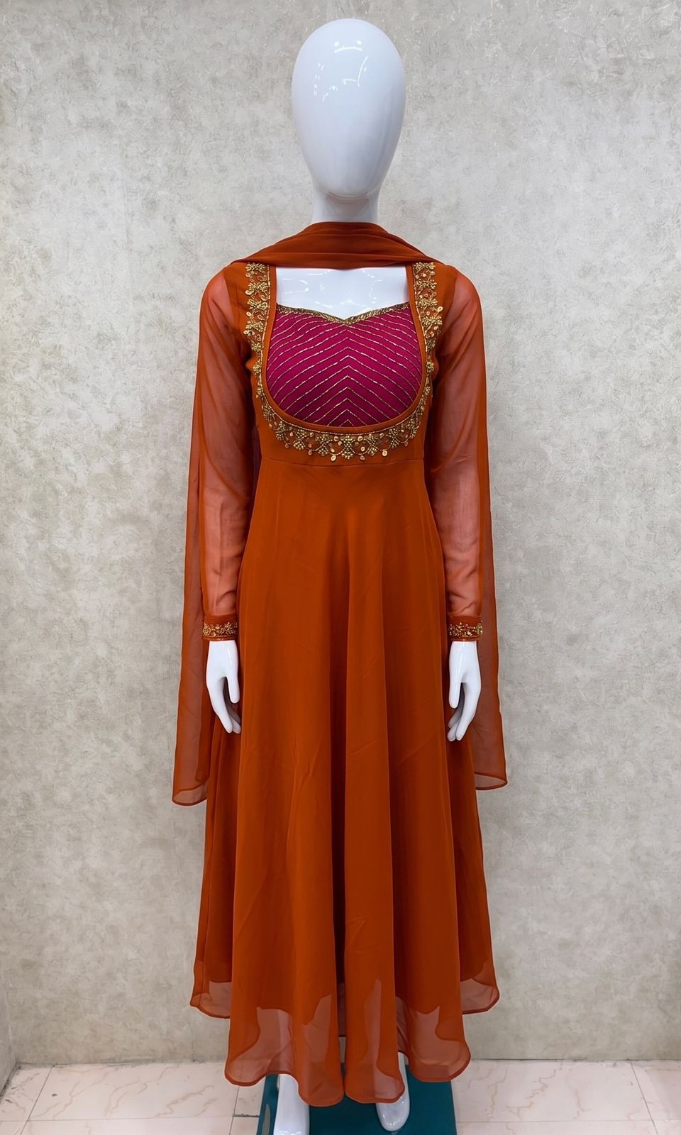 #TH227 / Georgette / Long Top Dupatta Set / Full Length / Full sleeves / Orange - Image 2