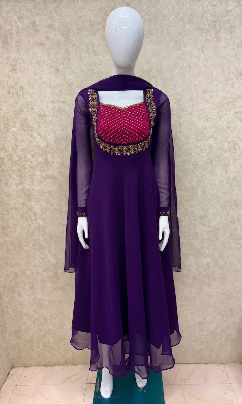 #TH227 / Georgette / Long Top Dupatta Set / Full Length / Full sleeves / Violet - Image 2