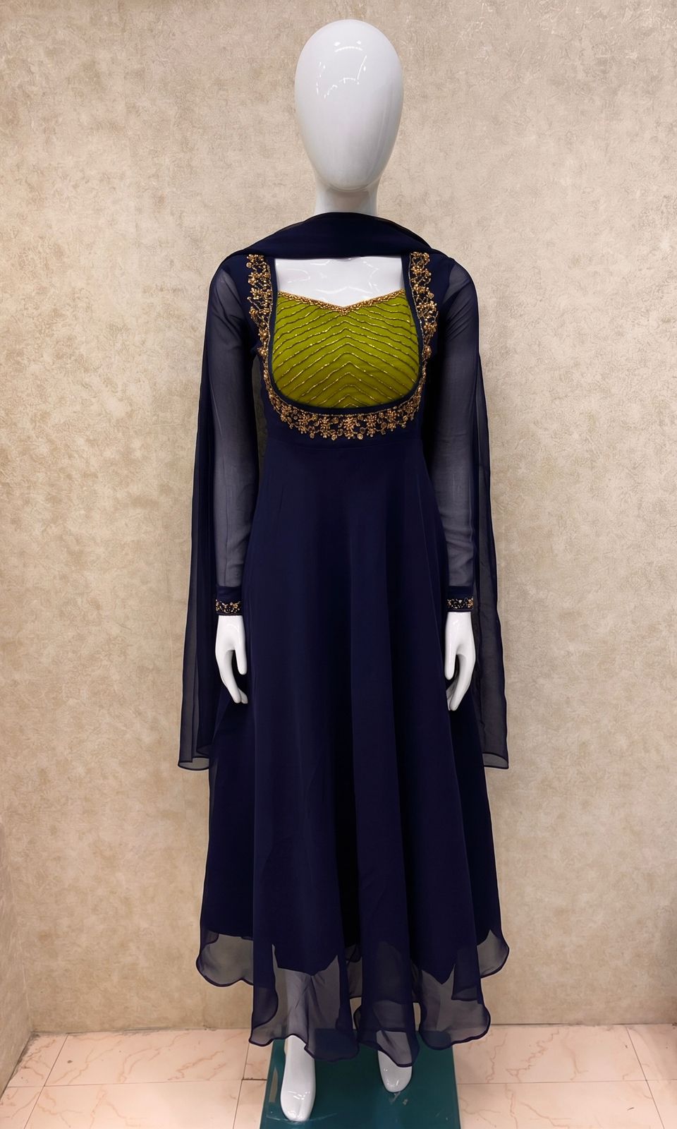 #TH227 / Georgette / Long Top Dupatta Set / Full Length / Full sleeves / Navy Blue - Image 2