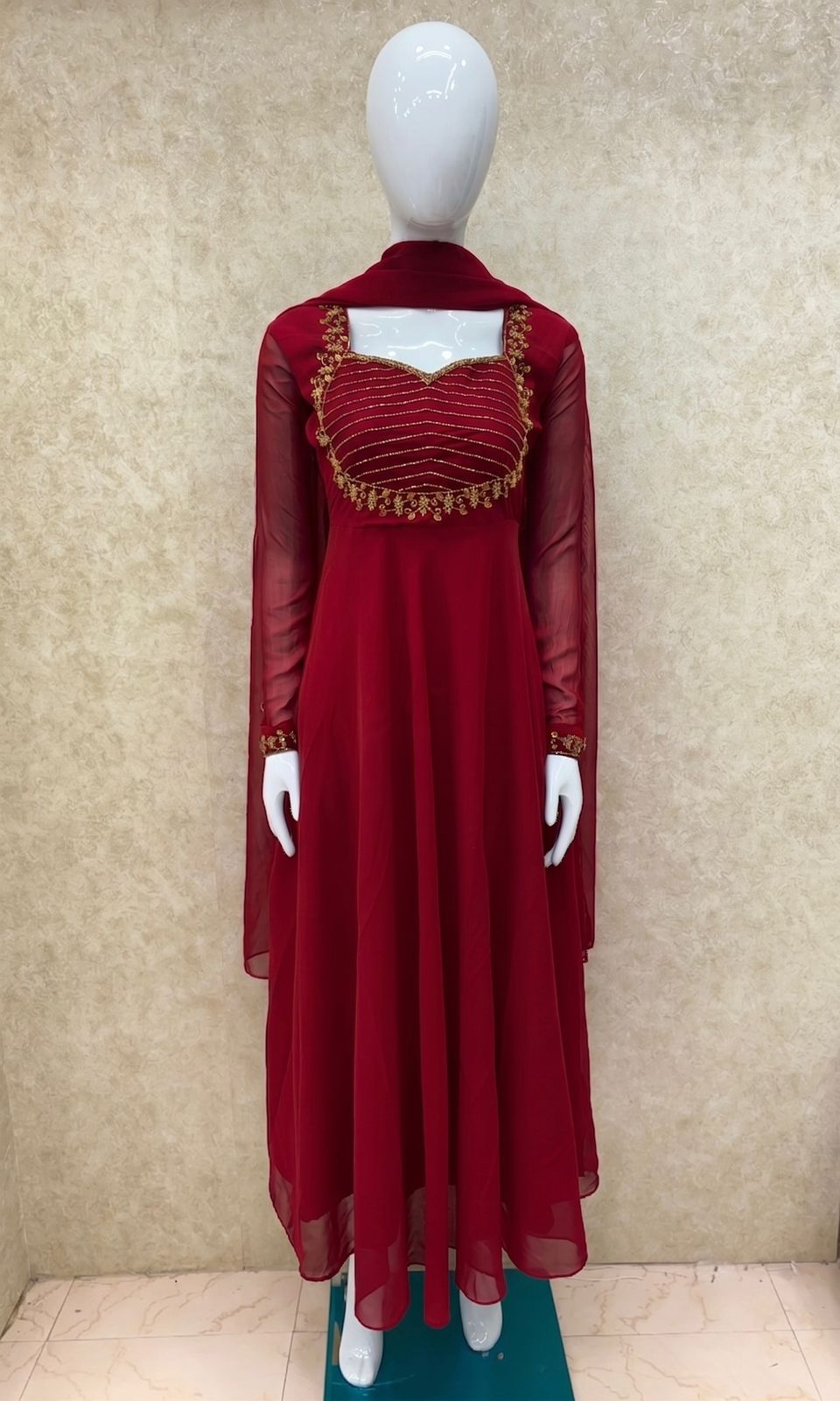 #TH225 / Georgette / Long Top Dupatta Set / Full Length / Full sleeves / Red - Image 2