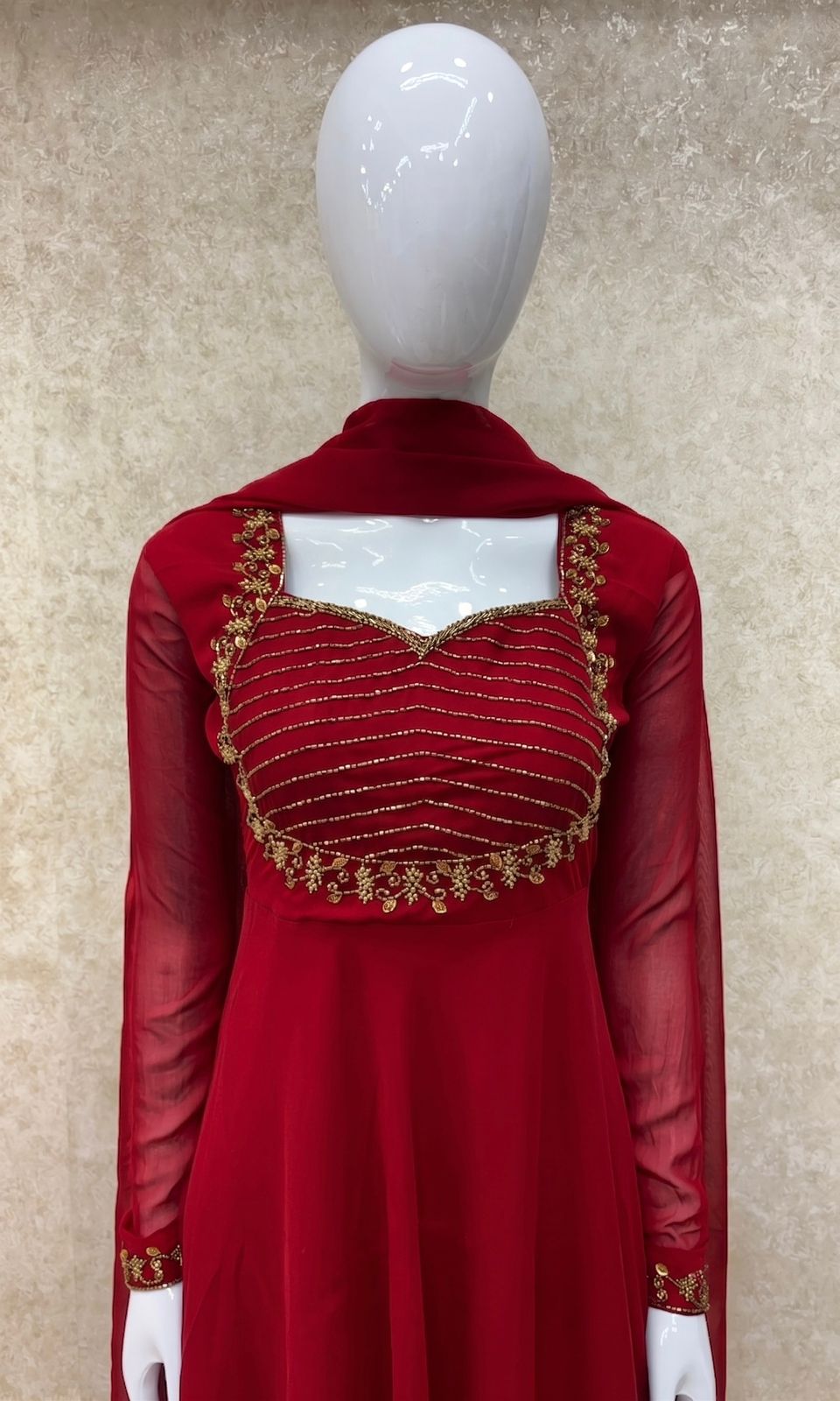 #TH225 / Georgette / Long Top Dupatta Set / Full Length / Full sleeves / Red